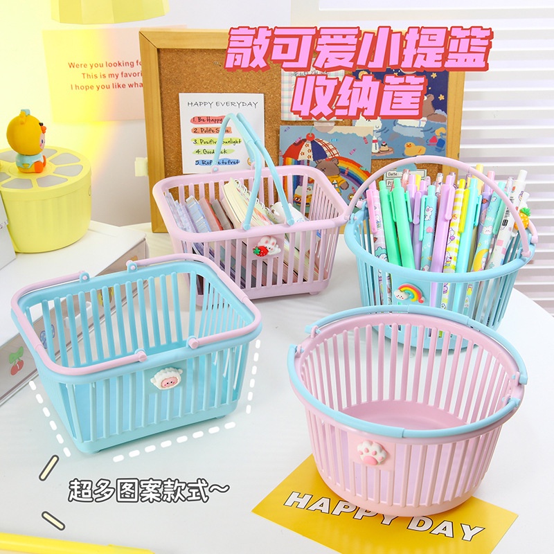 Giỏ Mini Đựng VPP, Mỹ Phẩm, Phụ Kiện, Đồ Dùng Có Tay Cầm Màu Sắc Basic