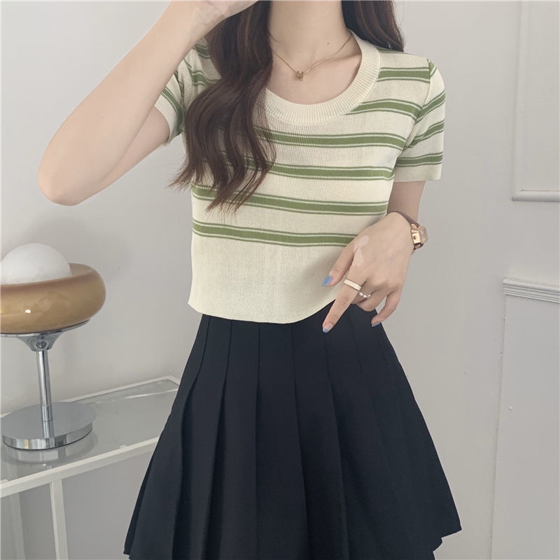 Áo Thun Ngắn Tay Lưng Cao Họa Tiết Kẻ Sọc Thời Trang Mùa Hè 2023 Mới Cho Nữ