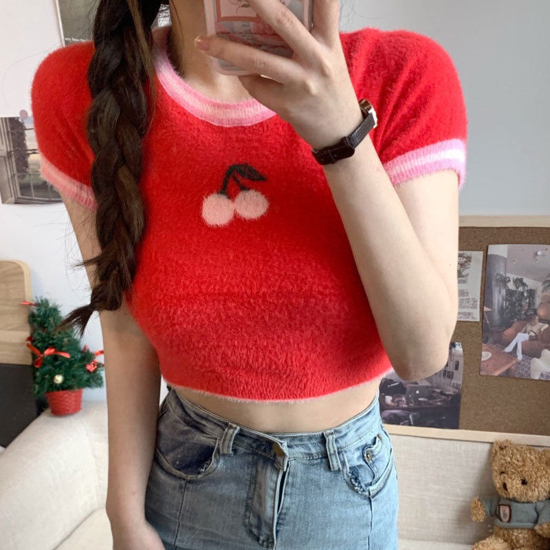 Áo thun XINLANYASHE dệt kim tay ngắn phong cách Hàn Quốc mới cho nữ