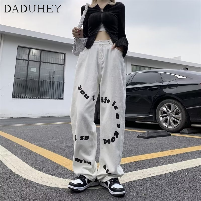 DaDuHey New American Ins Letter Jeans Niche Loose Wide-leg Pants Casual Pants High Waist plus Size Trousers