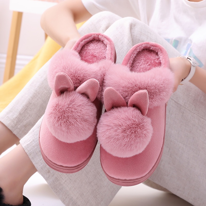 Dép Bông Quai Ngang Phủ Lông Dày Đế Cao 3cm Dễ Thương Thời Trang Mùa Thu Đông