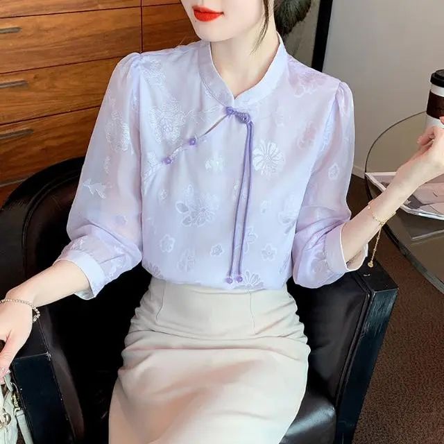 Áo Kiểu Sườn Xám Tay Phồng Chất Liệu chiffon Phong Cách Trung Hoa Thời Trang Cho Nữ