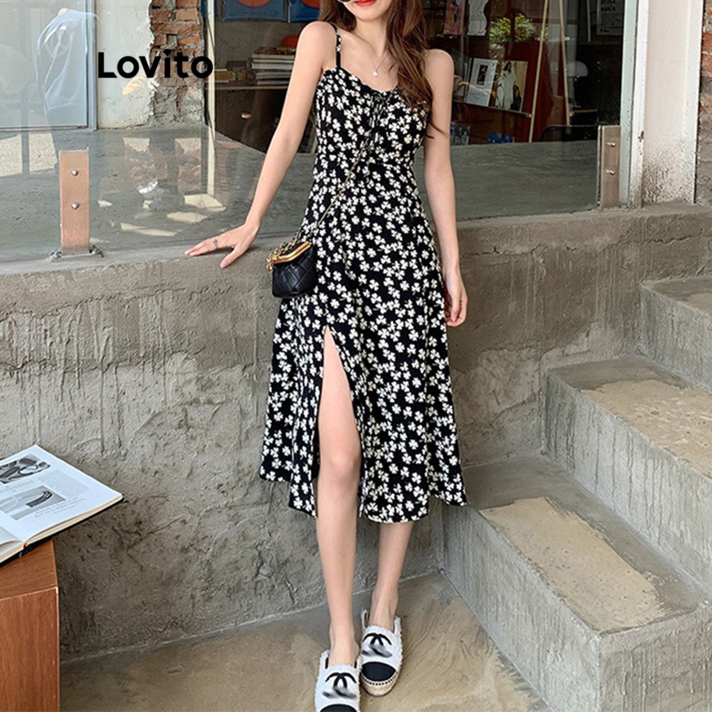 Đầm maxi Lovito dáng chữ A không tay thắt dây xẻ tà họa tiết hoa cơ bản cho nữ LNL03060 (màu đen)