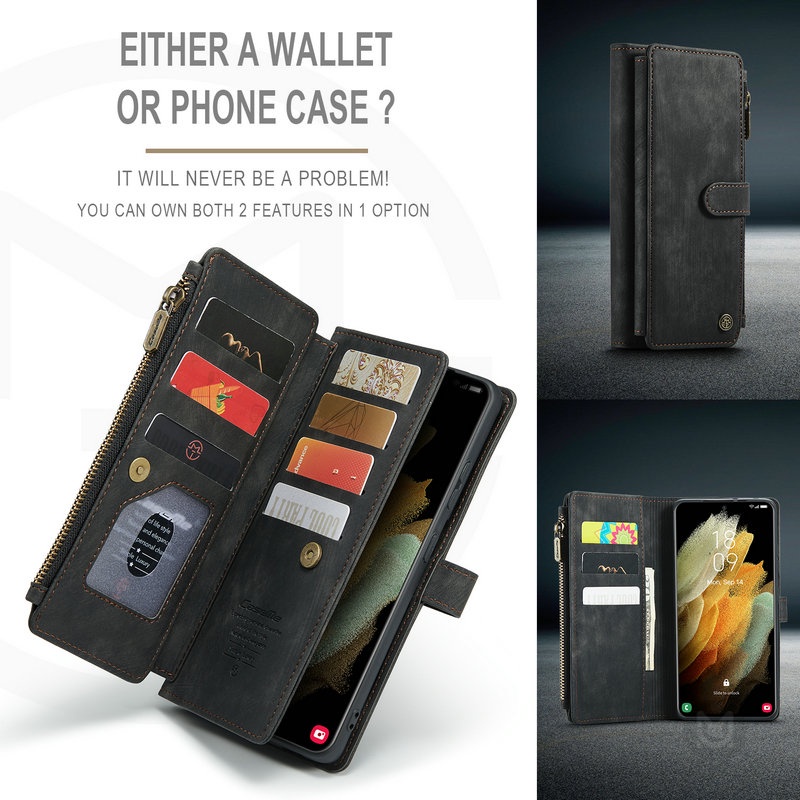 Ốp Điện Thoại Da Kèm Ngăn Đựng Thẻ Có Khóa Kéo Cho Samsung Galaxy S23 S22 S21 S20 Plus Ultra S20FE S21FE