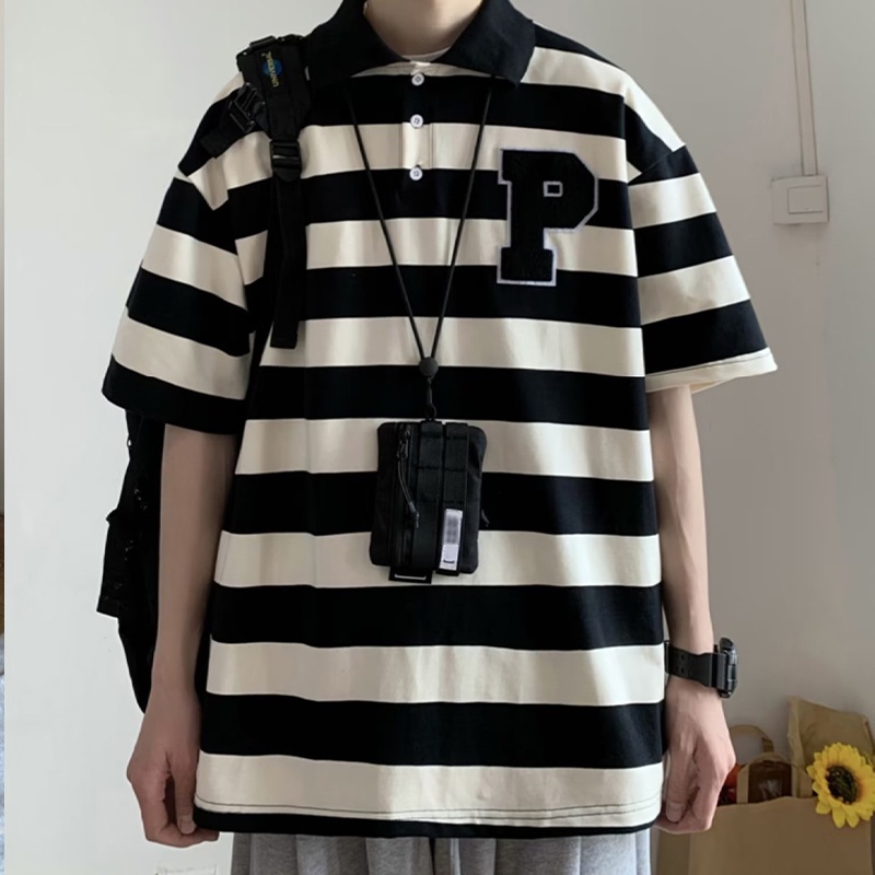 Áo polo Ngắn Tay Dáng Rộng Họa Tiết Kẻ Sọc Phong Cách Đường Phố Nhật Bản Thời Trang Mùa Hè Cho Nam