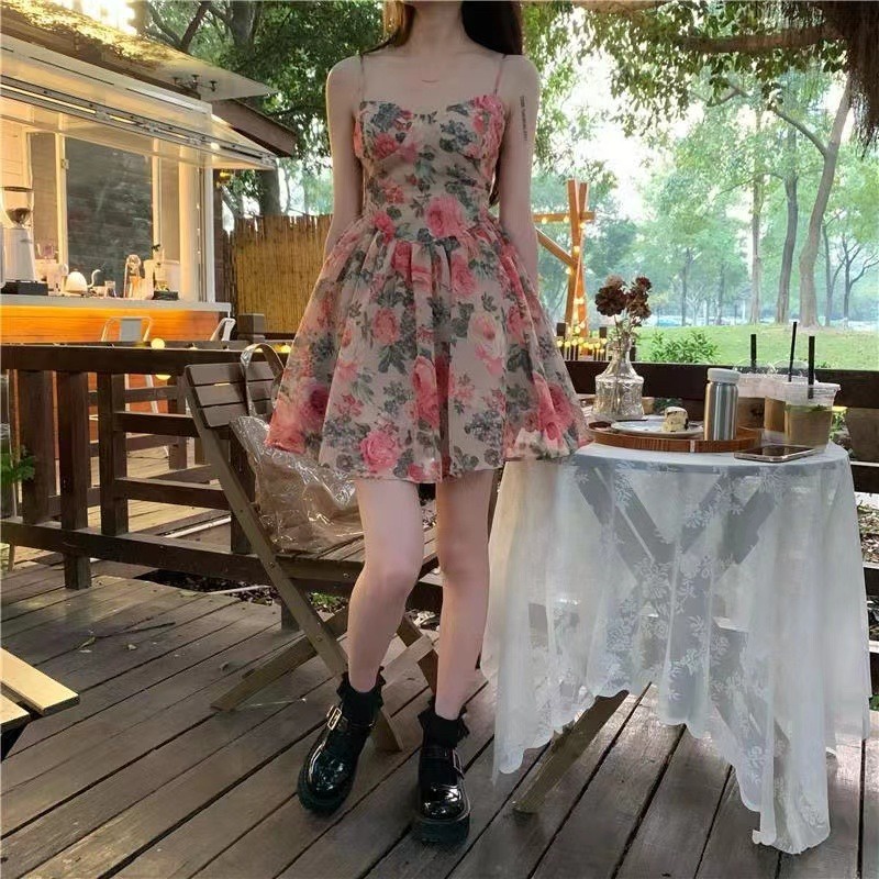 Đầm Hai Dây Lưng Cao Họa Tiết Hoa Phong Cách Pháp