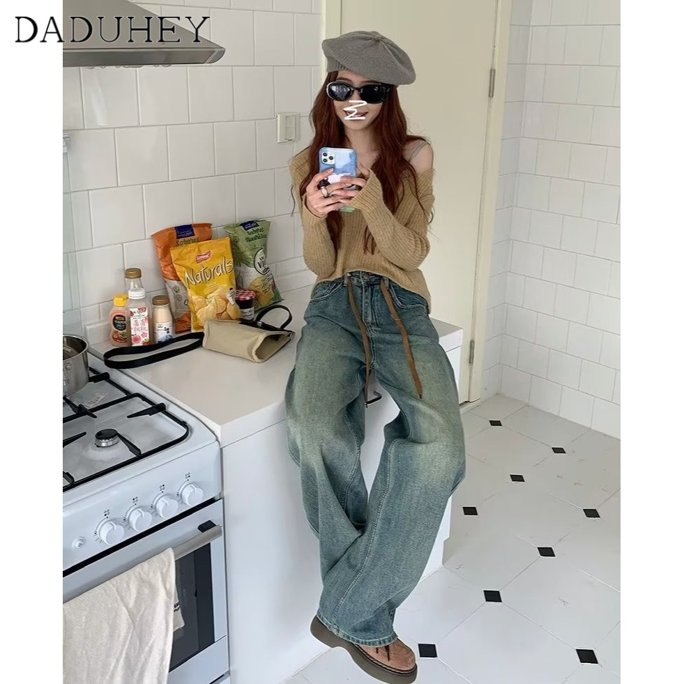 DaDuHey 2023 New Korean Version of Ulzzang Retro High Waist Jeans Niche Wide Leg Pants Large Size Trousers