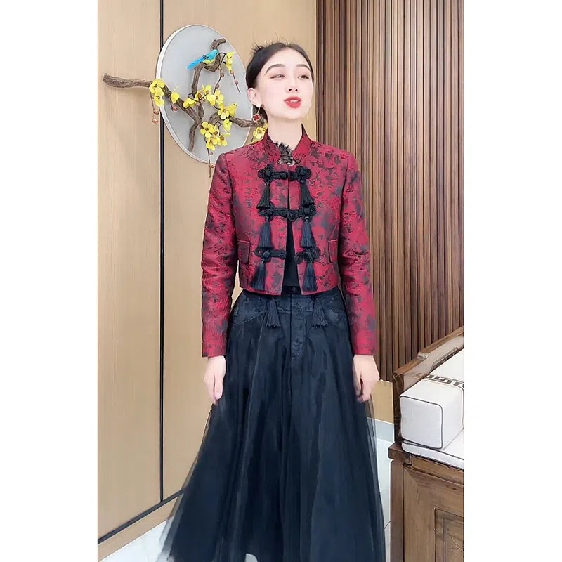 Set Áo Khoác Và Chân Váy Thiết Kế Tua Rua Phong Cách Retro Cho Nữ