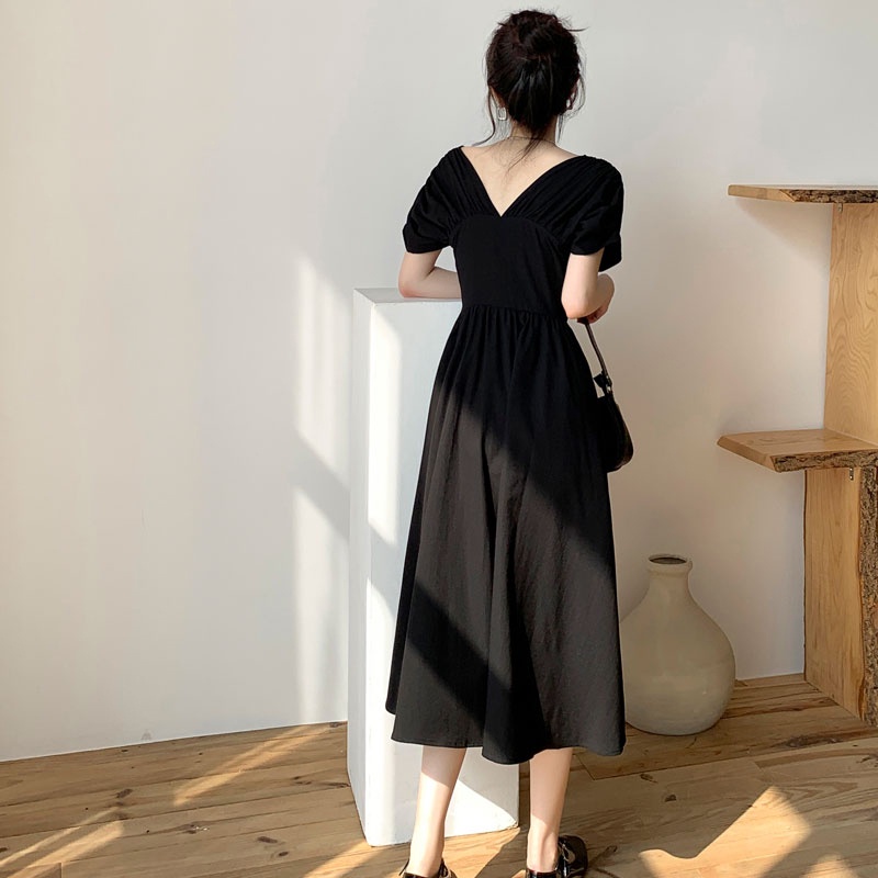 SUXI Đầm Midi Tay Ngắn Màu Đen Phong Cách Vintage Thời Trang Mùa Hè Cho Nữ