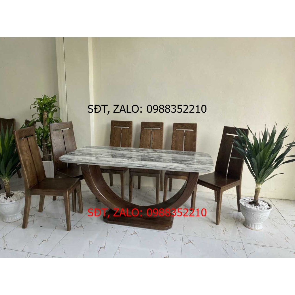 Bàn ăn gỗ sồi 6 ghế chân bán nguyệt