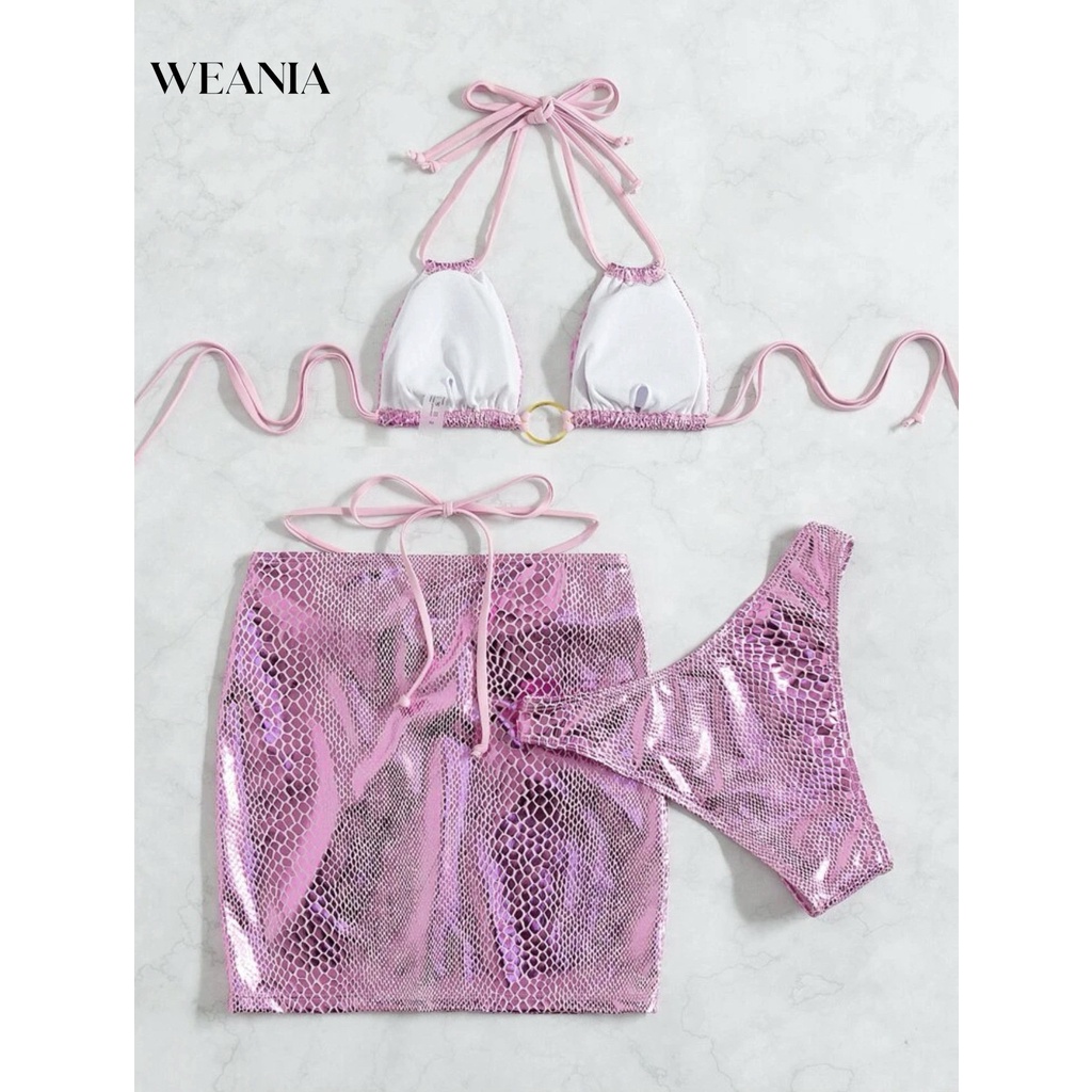 Weania Set Bikini 3 Món Họa Tiết Da Rắn Lấp Lánh Gợi Cảm Mùa Hè Cho Nữ