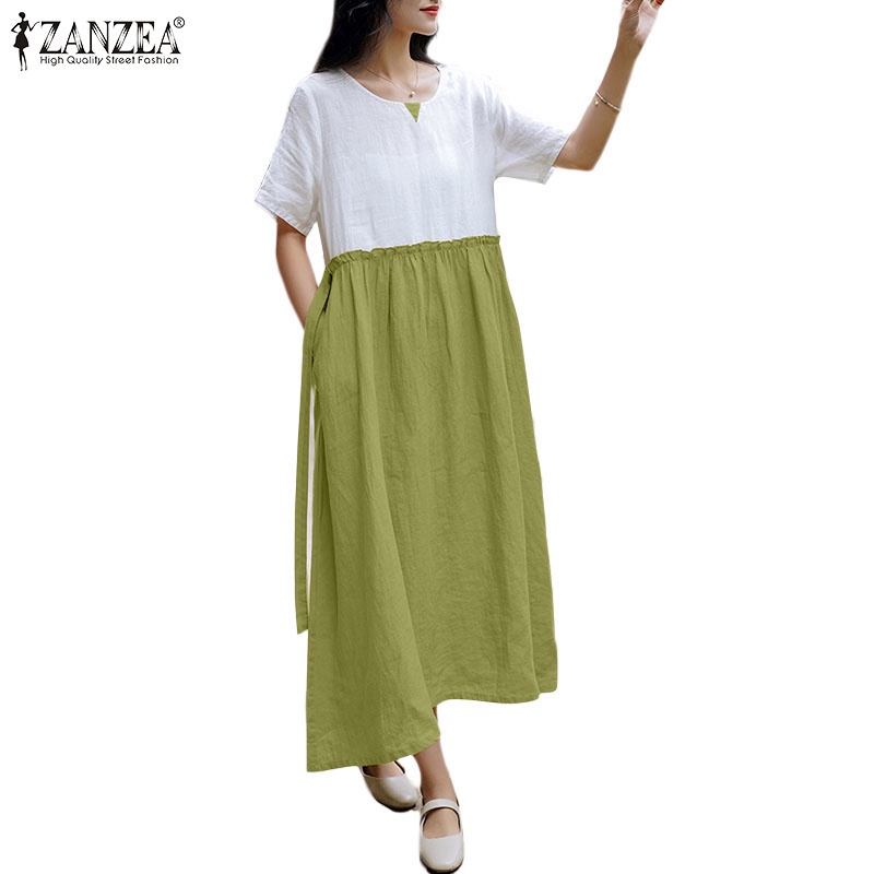 Đầm nữ ZANZEA tay ngắn cổ tròn có túi thời trang