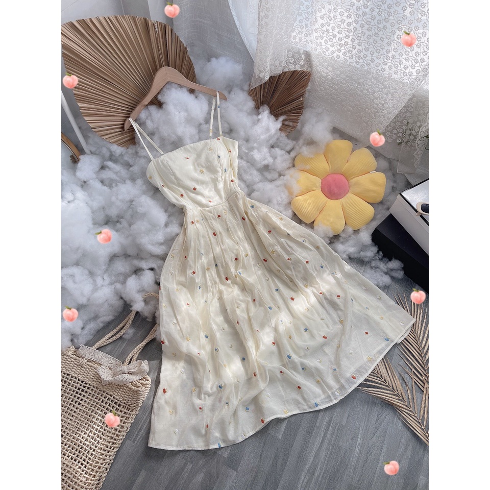 Đầm 2 dây maxi hoa thêu chun kem