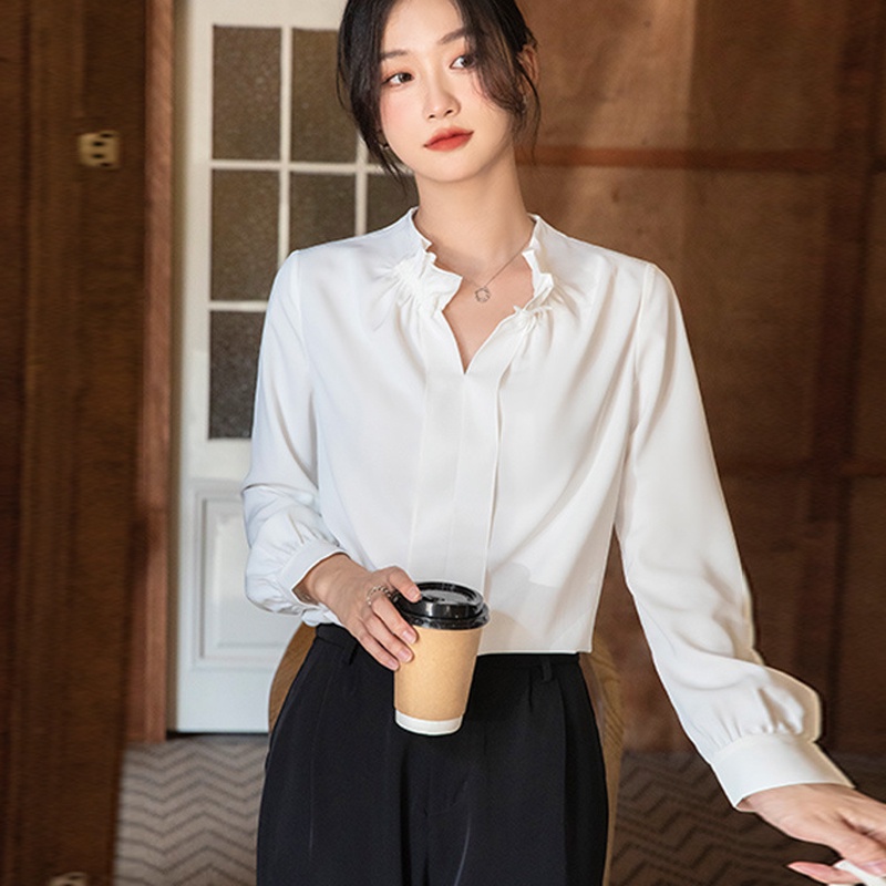 IELGY    Áo Sơ Mi Cổ Chữ v Viền Bèo Nhún Màu Trơn Phong Cách Pháp Thanh Lịch Cho Nữ