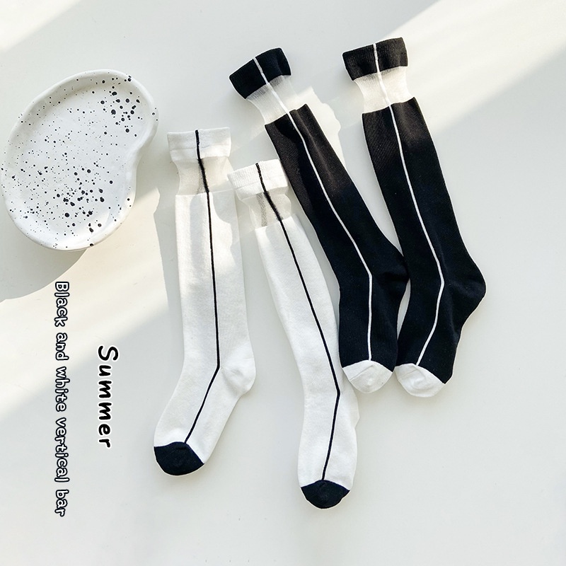 Set 2 Đôi Tất Cổ Trung Phối Sọc Đen Trắng Thời Trang Mùa Hè Cho Bé MSW-109 / M / L / XL 3-12 Tuổi