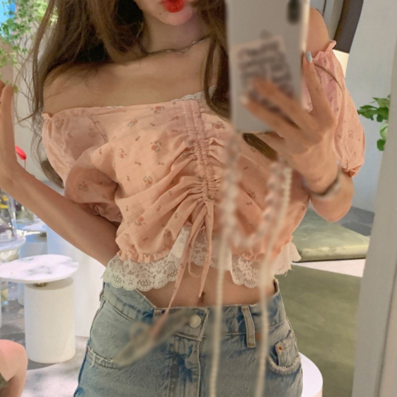 Áo Croptop Ôm Dáng Tay Phồng In Họa Tiết Hoa Quyến Rũ Thời Trang Cho Nữ