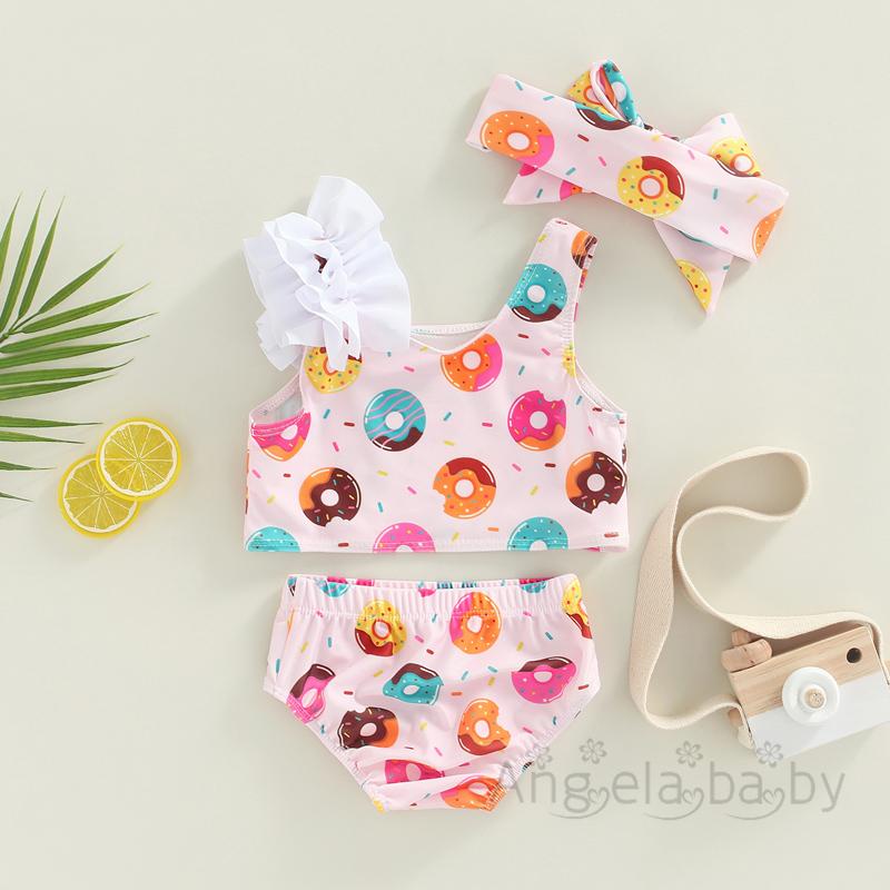Bộ Đồ Bơi 3 Món Áo Hai Dây In Hình Bánh Donut + Quần + Băng Đô Dành Cho Bé Gái 6 Tháng Đến 3 Tuổi