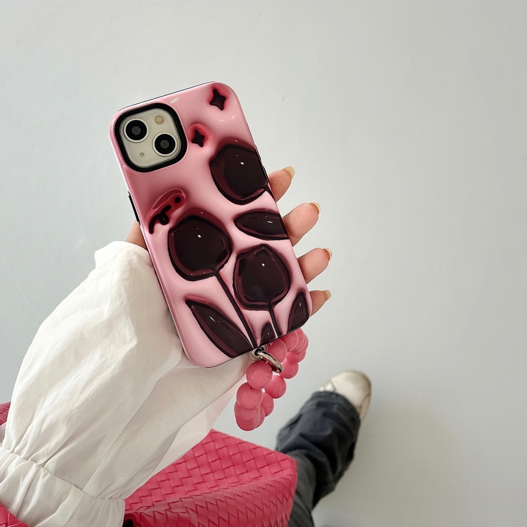 Ốp Điện Thoại TPU Dẻo Họa Tiết Hoa Tulip Đen Kèm Dây Đeo Ngọc Trai Chống Rơi Cho iPhone 14 13 12 11 Pro Max