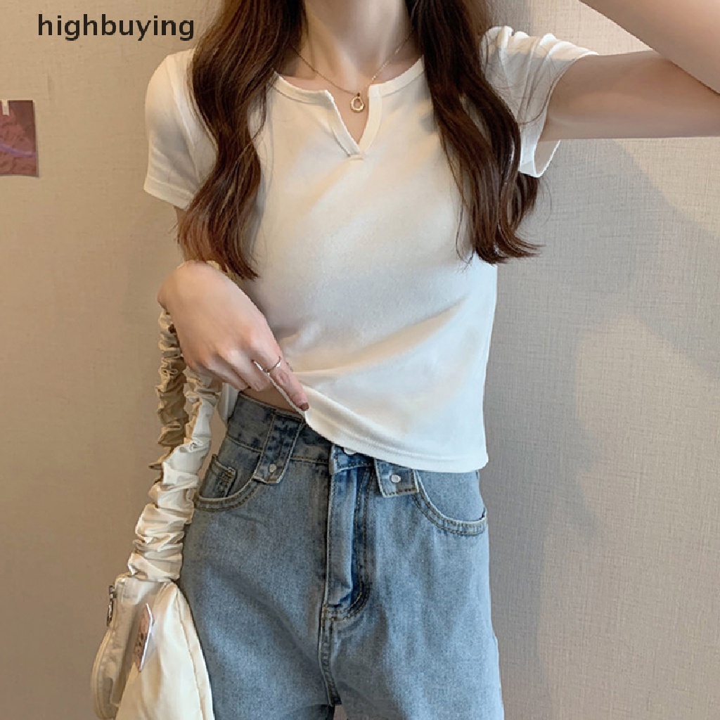 Áo Thun Lửng Tay Ngắn Cổ Chữ V Màu Sắc Đơn Giản Cho Nữ