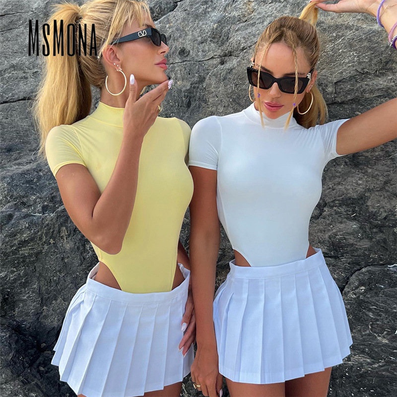 Bộ Áo Liền Quần Ngắn Tay Cổ Lọ Dáng Ôm Màu Trơn Thời Trang 2023 Cho Nữ