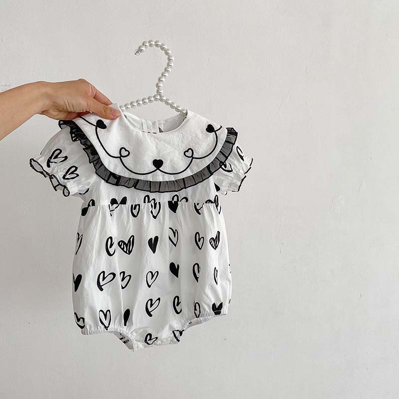 Đầm Công Chúa Cổ Búp Bê Họa Tiết Trái Tim Trắng Đen Dễ Thương Thời Trang Mùa Hè Cho Bé Gái