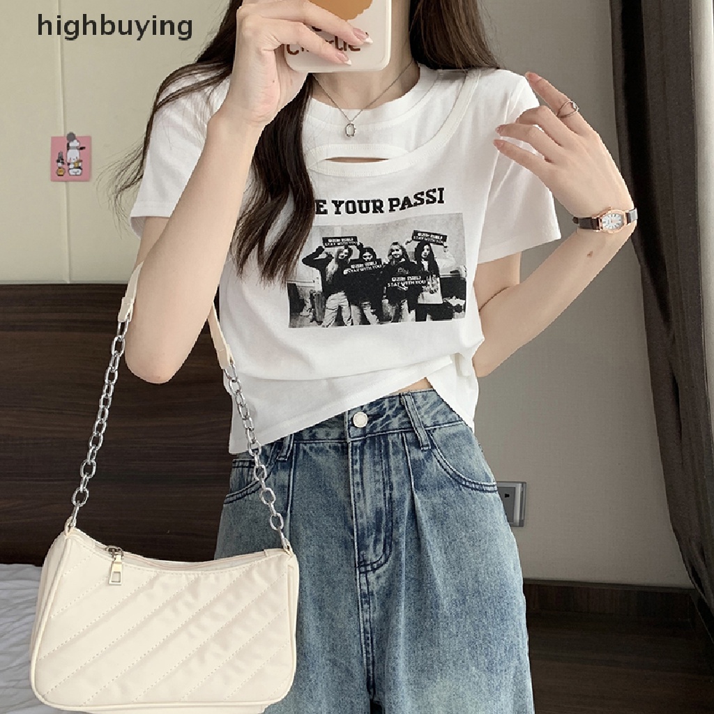 Áo Thun Lửng Ngắn Tay Cổ Tròn In Họa Tiết Vintage Cho Nữ