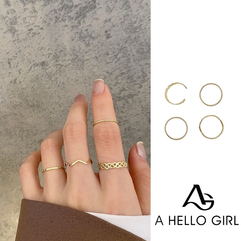 Ahellogirl Set 4 Nhẫn Mạ Vàng / Bạc Thiết Kế Đơn Giản Phong Cách Hàn Quốc
