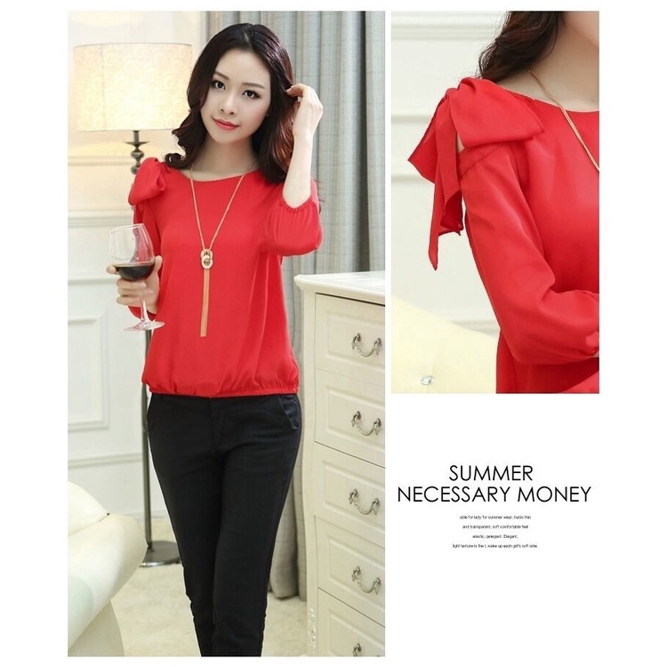 Áo Sơ Mi Voan Tay Lửng Trễ Vai Đính Nơ Xinh Xắn Dành Cho Nữ