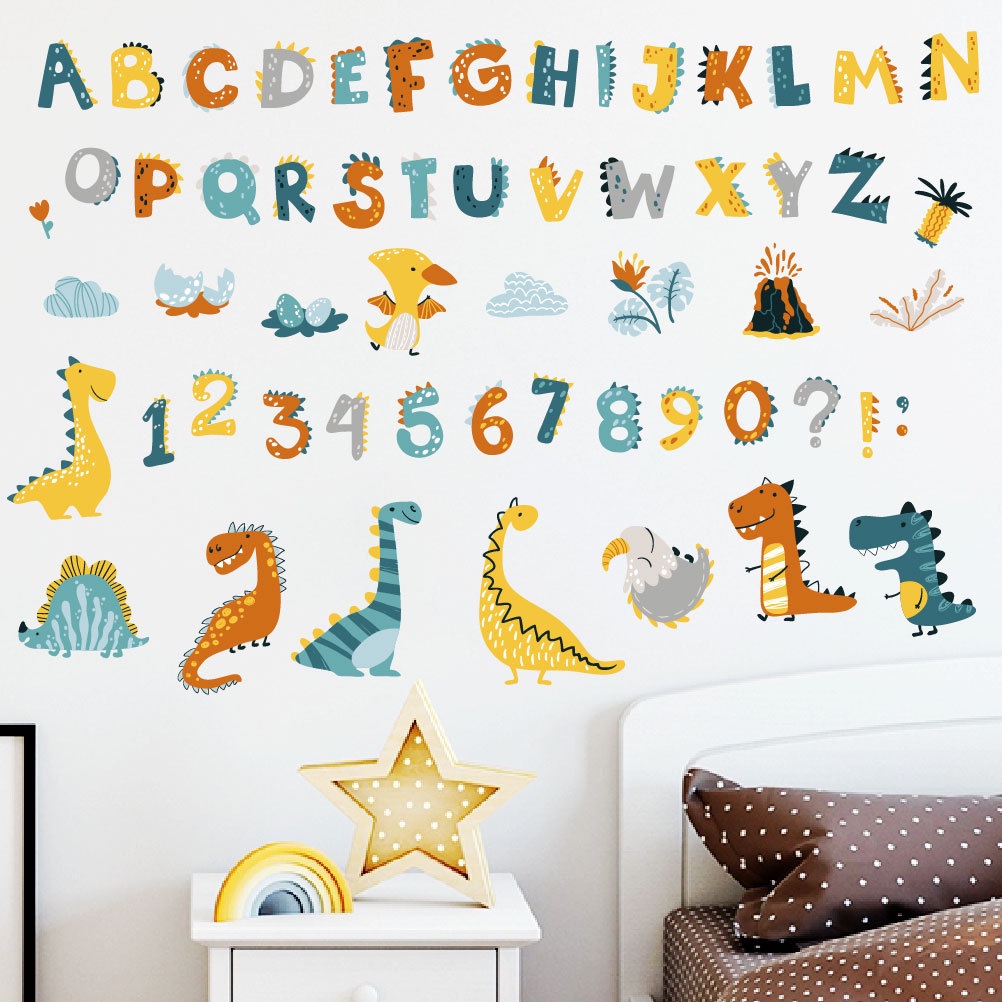 Giấy Dán Tường Tự Dính Hình Khủng Long Và Chữ Số Trang Trí Phòng Học Cho Bé