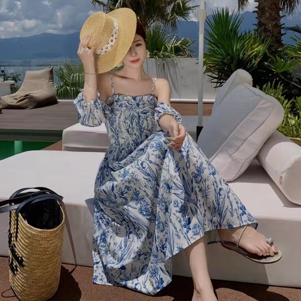 Đầm Ngắn Hai Dây Không Đều Họa Tiết Hoa Màu Xanh Dương Phong Cách Hàn Quốc Kiểu Mới Cho Nữ