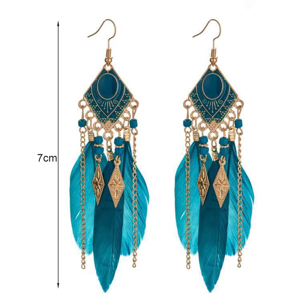 1 Đôi Bông Tai Hình Chữ Nhật Đính Lông Vũ Tua Rua Phong Cách Bohemian