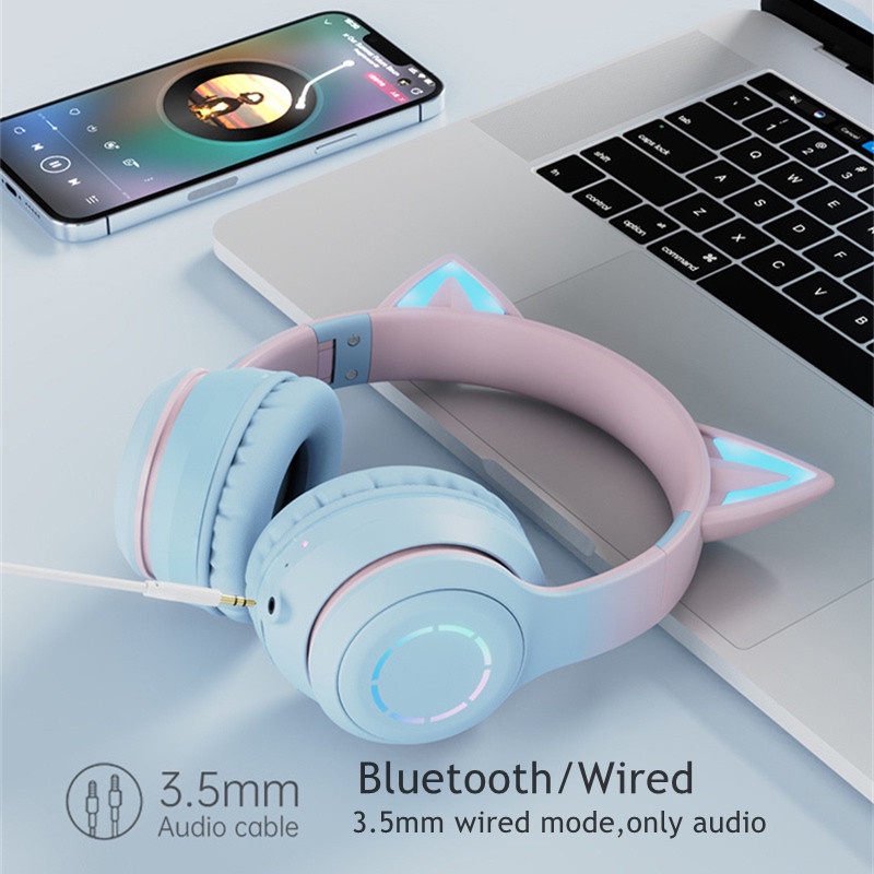 Tai Nghe Bluetooth Không Dây Hình Tai Mèo RGB Giảm Tiếng Ồn Cho iPhone Android Điện Thoại