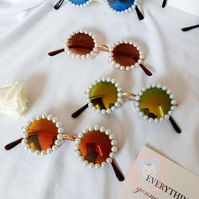 Kính Chống Nắng LAA6-Boys Tròng Tròn Đính Ngọc Trai Chống Tia Cực Tím Phong Cách Retro Cho Nữ