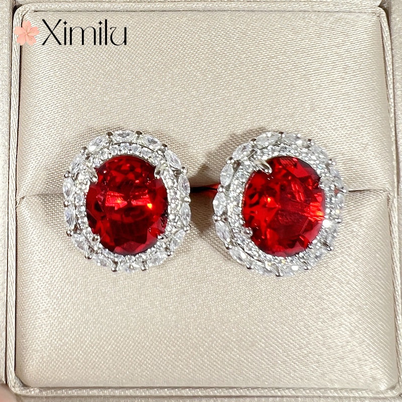 ♥Khuyên Tai Đính Đá Sapphire Xanh Lá / Đỏ / Xanh Lá Hình Bầu Dục Sang Trọng