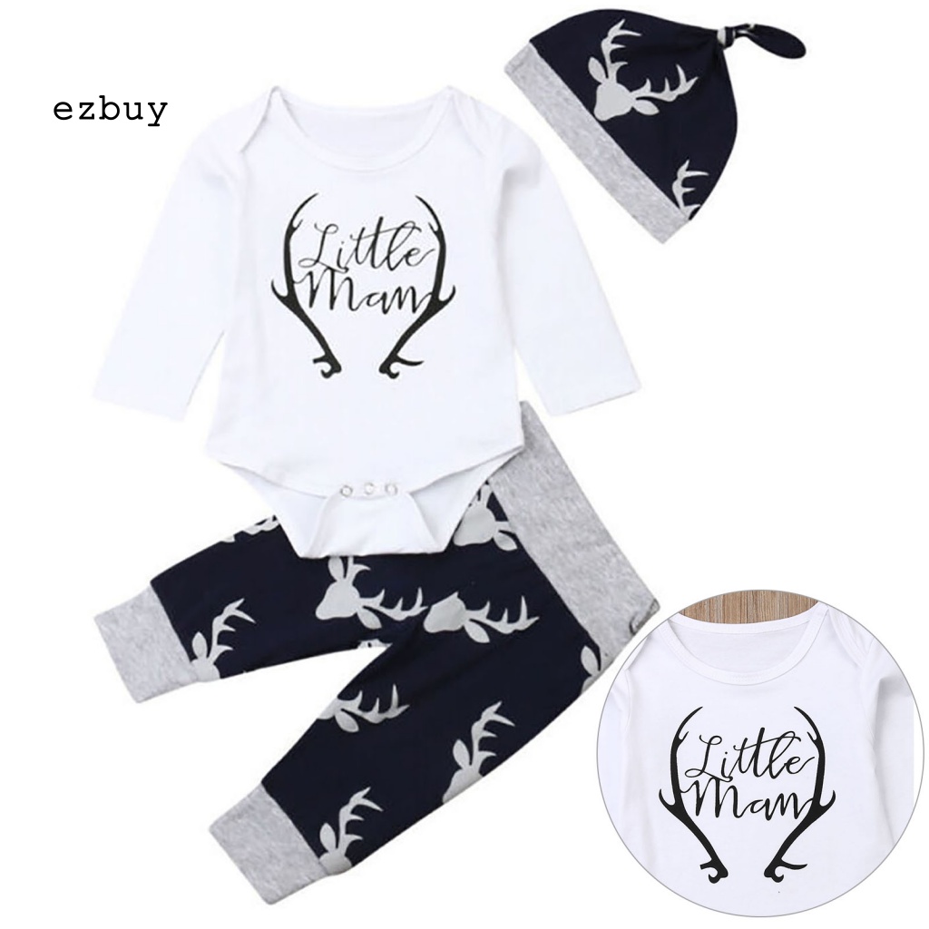 Bộ 3 Món Áo Liền Quần Tay Dài In Chữ Hoạt Hình + Mũ Trùm Tiện Dụng Cho Bé Sơ Sinh