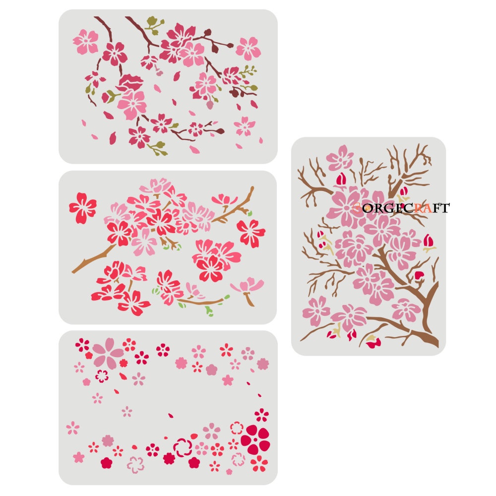 1 Bộ 4 Tấm Khuôn Vẽ DIY Hình Hoa Anh Đào 29.7x21cm Dành Cho Thanh Thiếu Niên / Bé Trai Bé Gái
