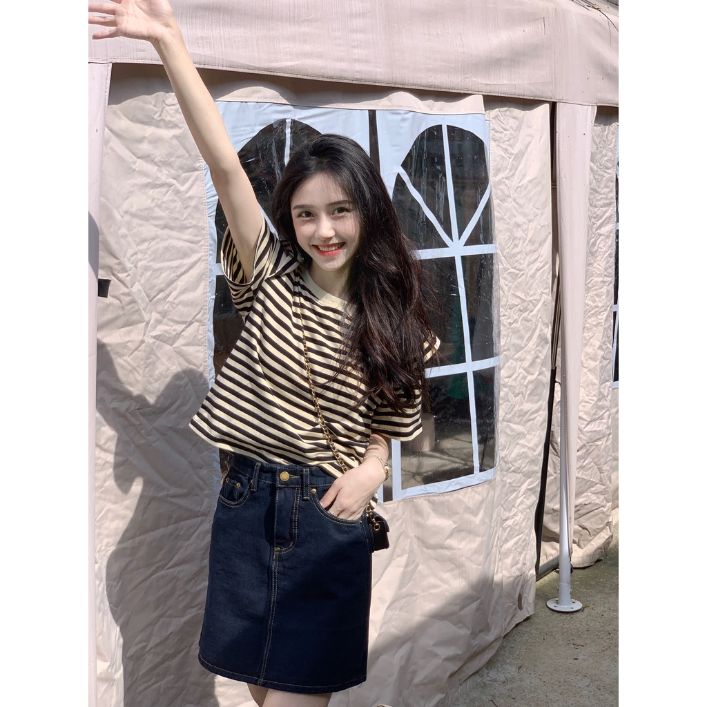 Áo thun SUXI tay ngắn cổ tròn dáng rộng họa tiết kẻ sọc thời trang cổ điển dễ phối đồ cho nữ