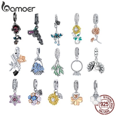 Bamoer Bạc 925 Hoa Hướng Dương / Hoa Hồng / Cỏ Ba Lá Mặt Dây Chuyền DIY Hạt Quà Tặng Trang Sức Phụ Kiện Cho Vòng Tay