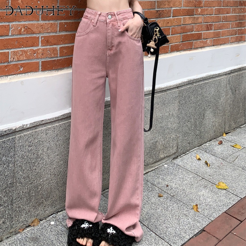 Quần jean DADUHEY lưng cao dáng rộng màu hồng thời trang phong cách Hàn Quốc xinh xắn cho nữ