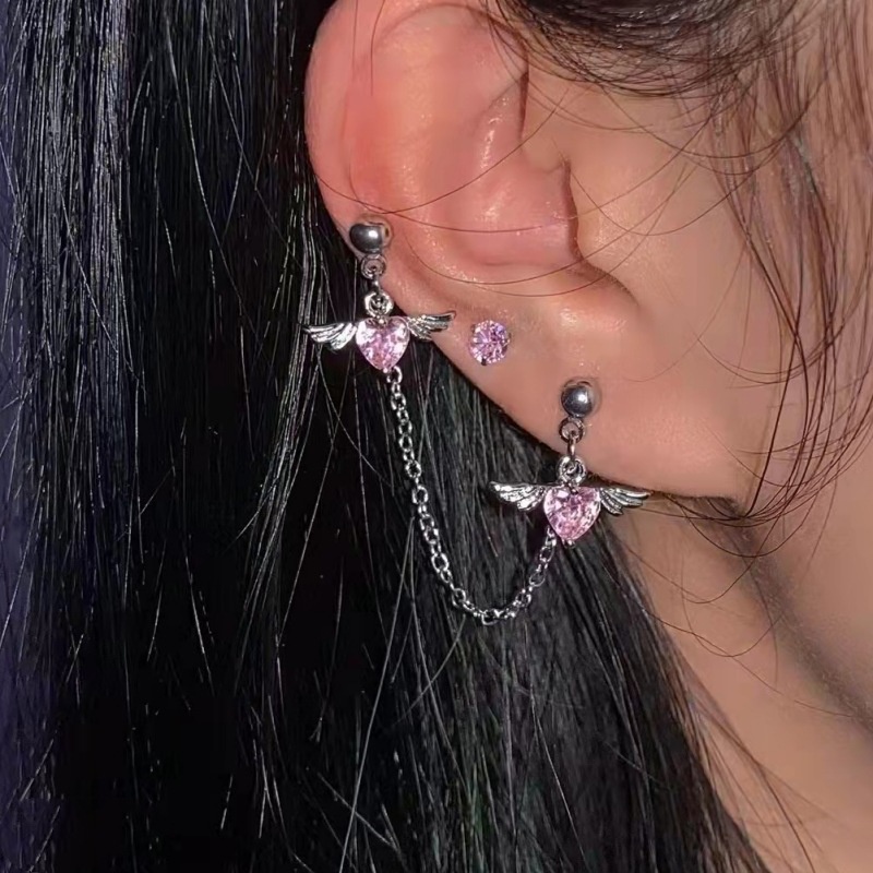 Khuyên Kẹp Tai Tích Hợp Kẹp Hình Cánh Thiên Thần Đính Đá Zircon Màu Hồng Ngọt Ngào