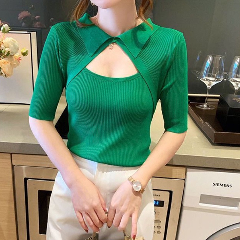 IELGY  Áo Dệt Kim Có Cổ Kiểu Dáng Nhẹ Nhàng Thanh Lịch Cho Nữ