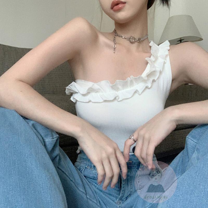 Áo Tank Top Lệch Vai Một Bên Dáng Ôm Màu Trắng Thời Trang Mùa Hè Cho Nữ