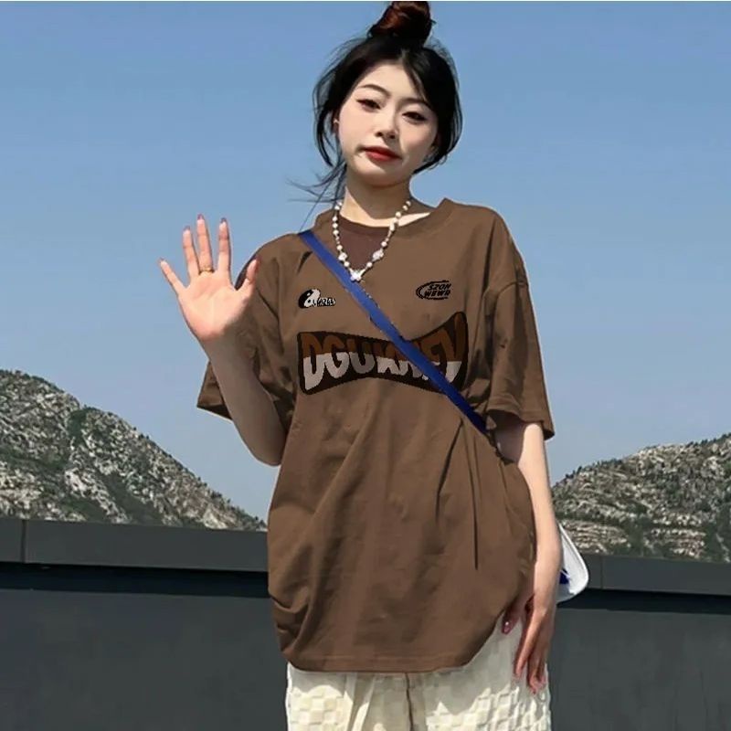 Áo Thun Cổ Tròn Dáng Rộng Màu Nâu Plus Size Thời Trang Mùa Hè Cho Nữ