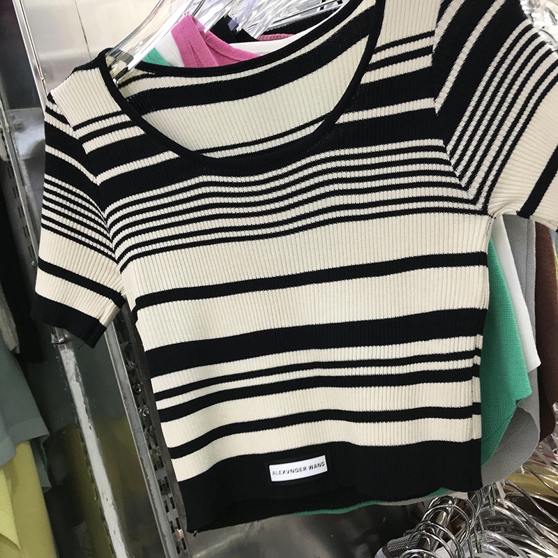 NUZIRO Áo Tank Top Tay Ngắn Hoạ Tiết Kẻ Sọc Phong Cách Vintage