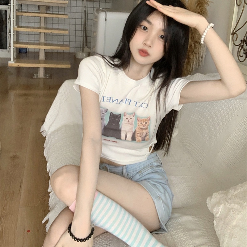 IELGY  Áo Thun Tay Ngắn Màu Trắng In Hình Mèo Dành Cho Nữ