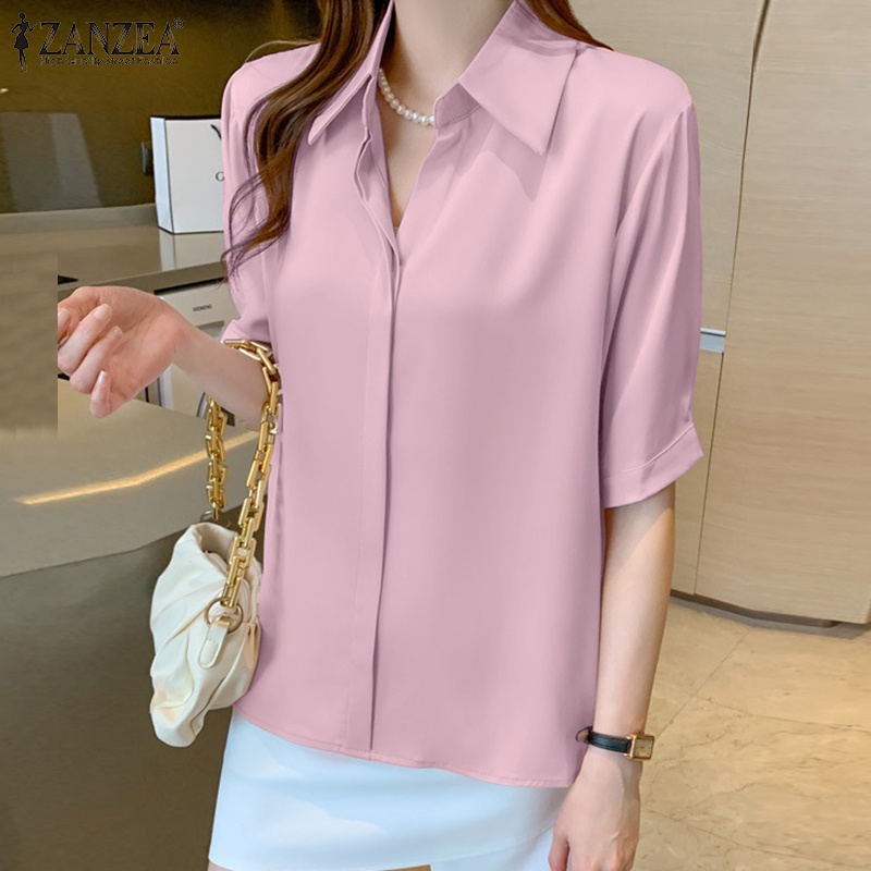 Áo sơ mi ZANZEA tay ngắn cổ polo bằng satin thời trang Hàn Quốc cho nữ