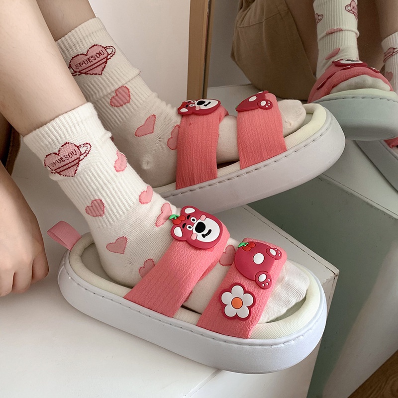 Dép Quai Ngang Đế Dày Gọn Nhẹ In Họa Tiết Hoạt Hình Phong Cách Hàn Quốc Xinh Xắn Cho Nữ