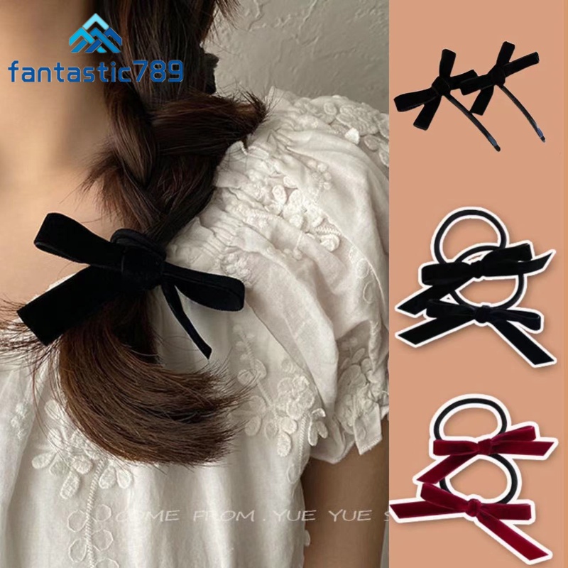 Fantastic789 Vintage Cute Minimalist 1PC Red Black Velvet Hair Bow Scrunchies for Women Girls Side H