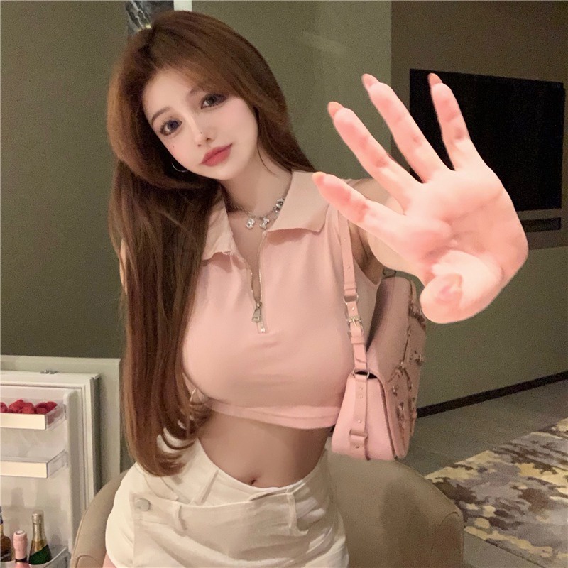 Áo croptop SUXI không tay cổ polo dáng ôm phong cách cổ điển thời trang mùa hè dành cho nữ