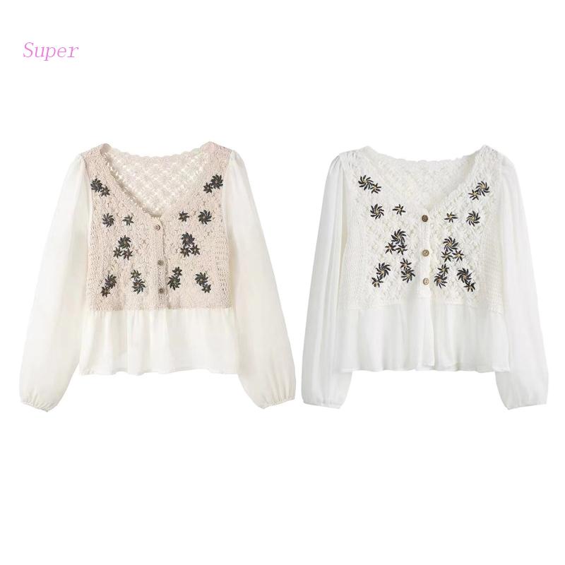 Áo Kiểu Peplum Dệt Kim Tay Dài In Hoa Cúc Xinh Xắn Thời Trang Cho Nữ
